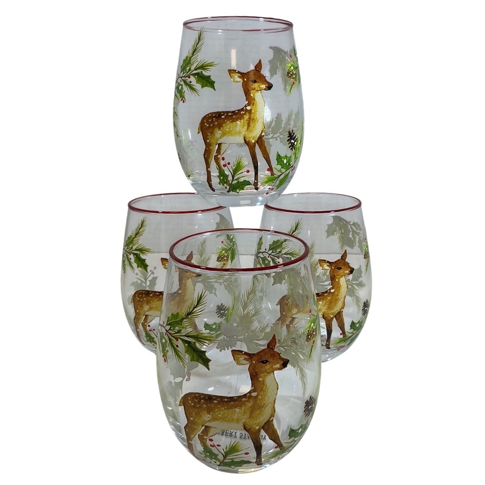 Robert Stanley Home Collection Christmas Deer Stemless Wine Glasses Set of 4